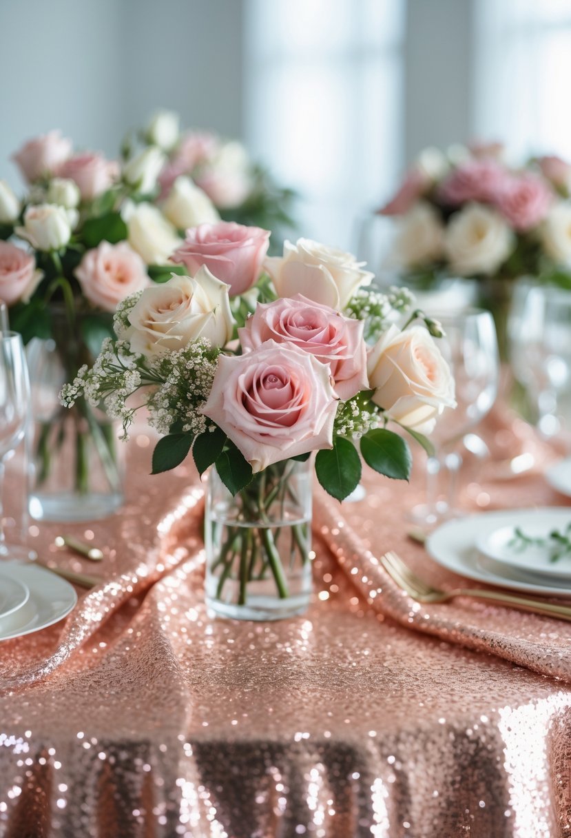 A wedding table with rose gold sequined tablecloths and fresh pink and white roses arranged in glass vases as centerpieces.