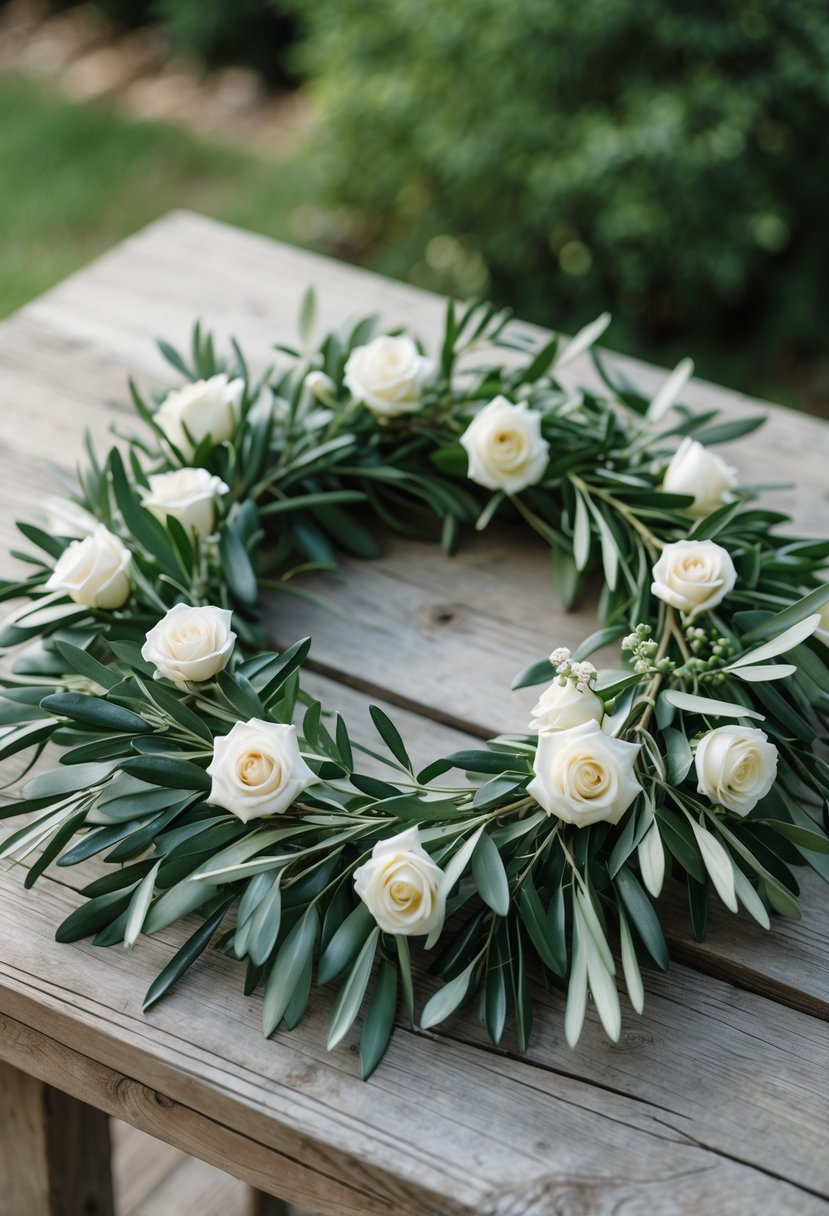 An olive branch wreath centerpiece with small white roses placed on a wooden table with garden greenery in the background.
