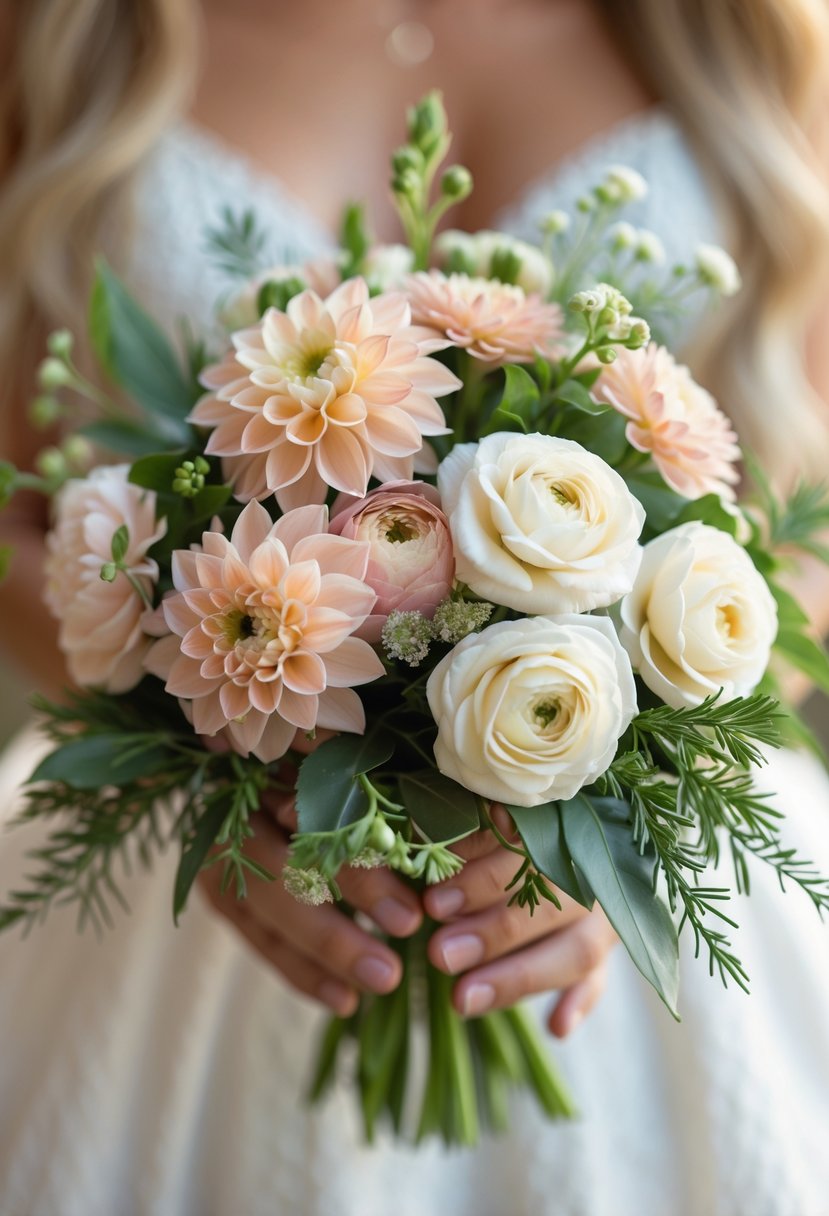 A small wedding bouquet with pink mini dahlias and ivory ranunculus flowers arranged with green leaves.