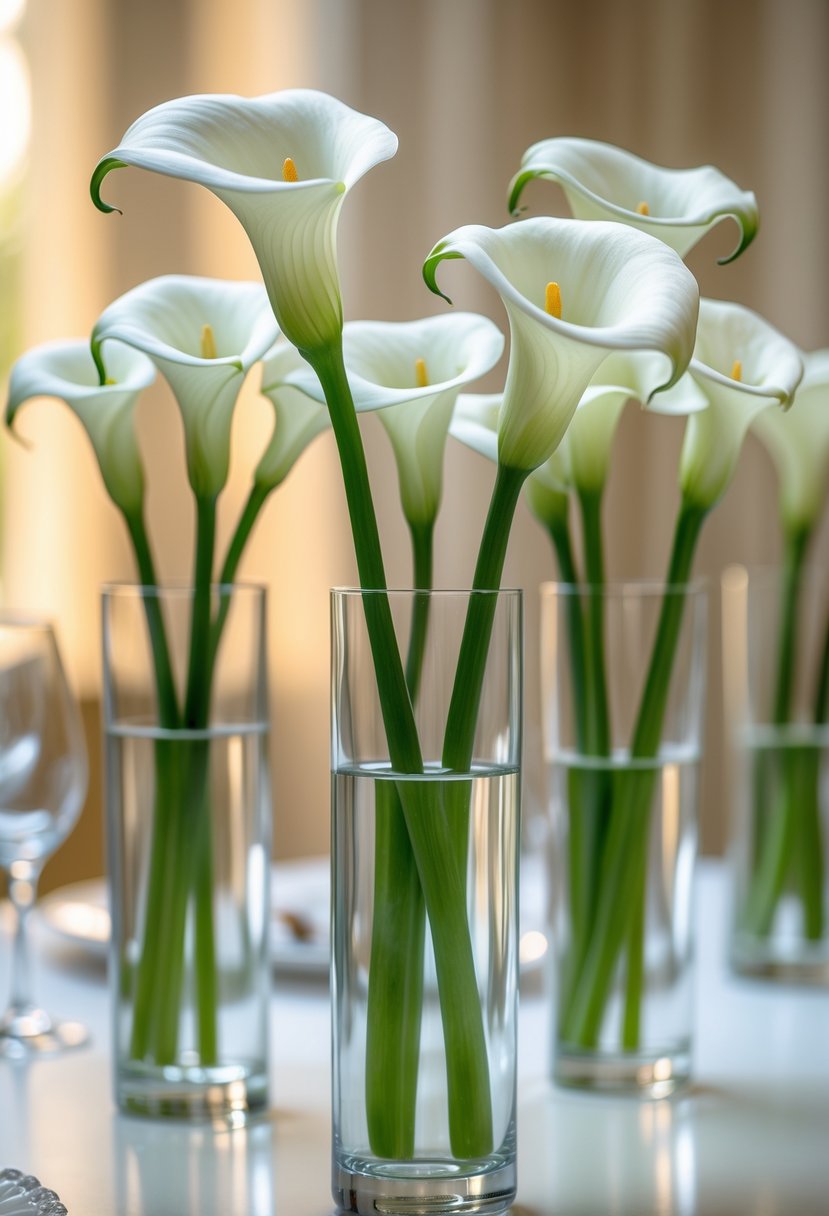 Tall glass vases holding long stem white calla lilies arranged as a wedding centerpiece.