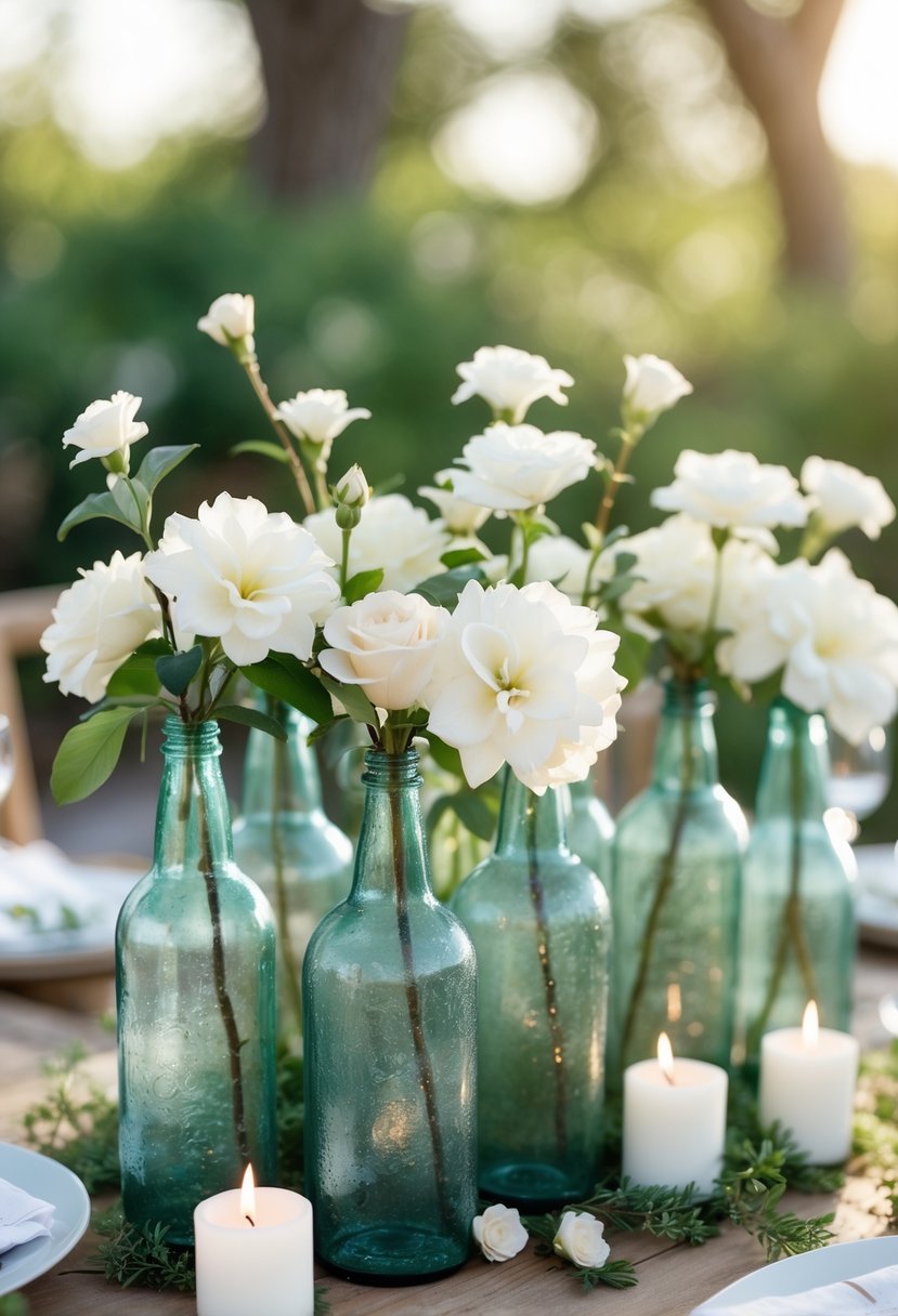 A cluster of vintage glass bottles holding white flowers and surrounded by lit candles on a wooden table with green foliage in the background.