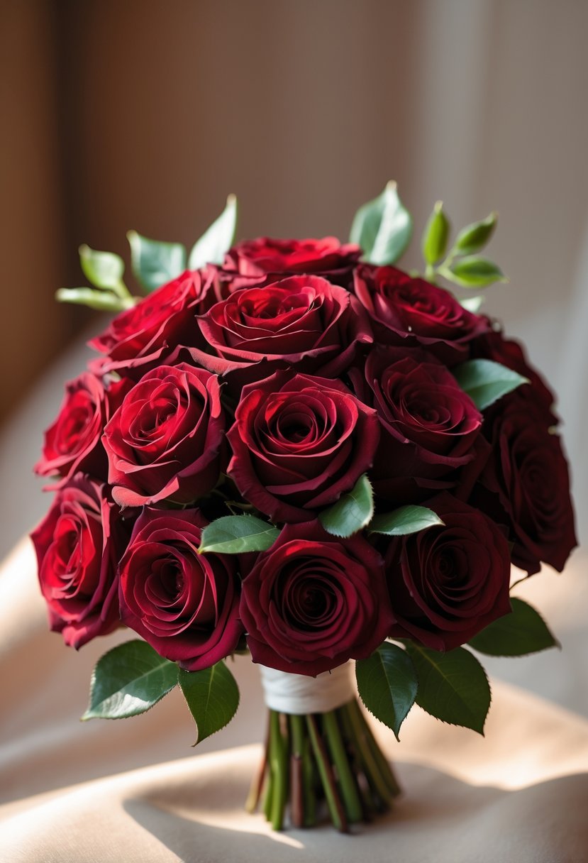 A small bouquet of deep red roses with green leaves against a softly blurred background.