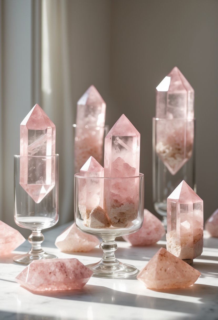 Close-up of rose quartz mineral pieces arranged in and around glass vases with soft lighting.