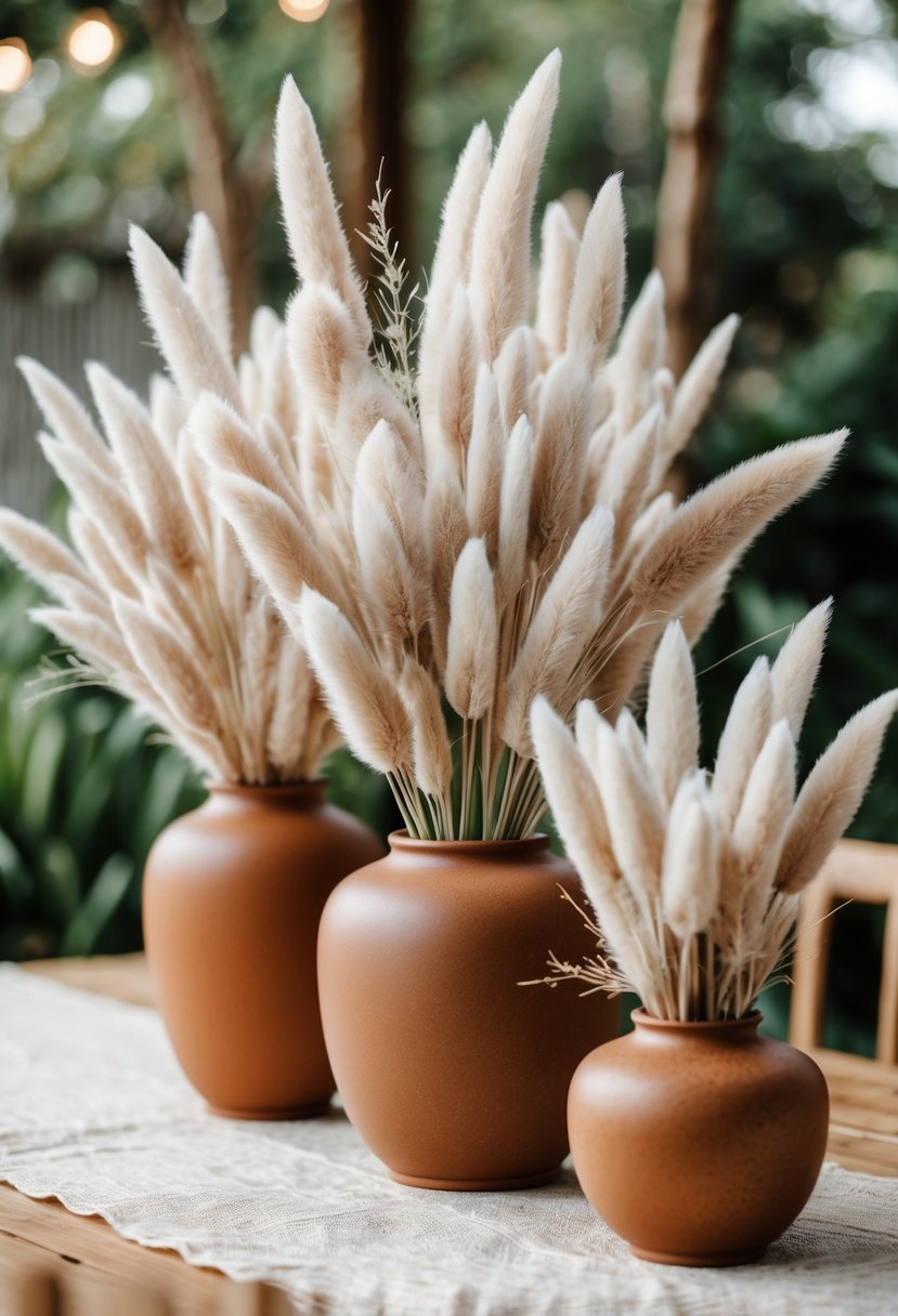 Close-up of rust-colored vases filled with fluffy bunny tail grass arranged as wedding centerpieces on a wooden table with greenery in the background.