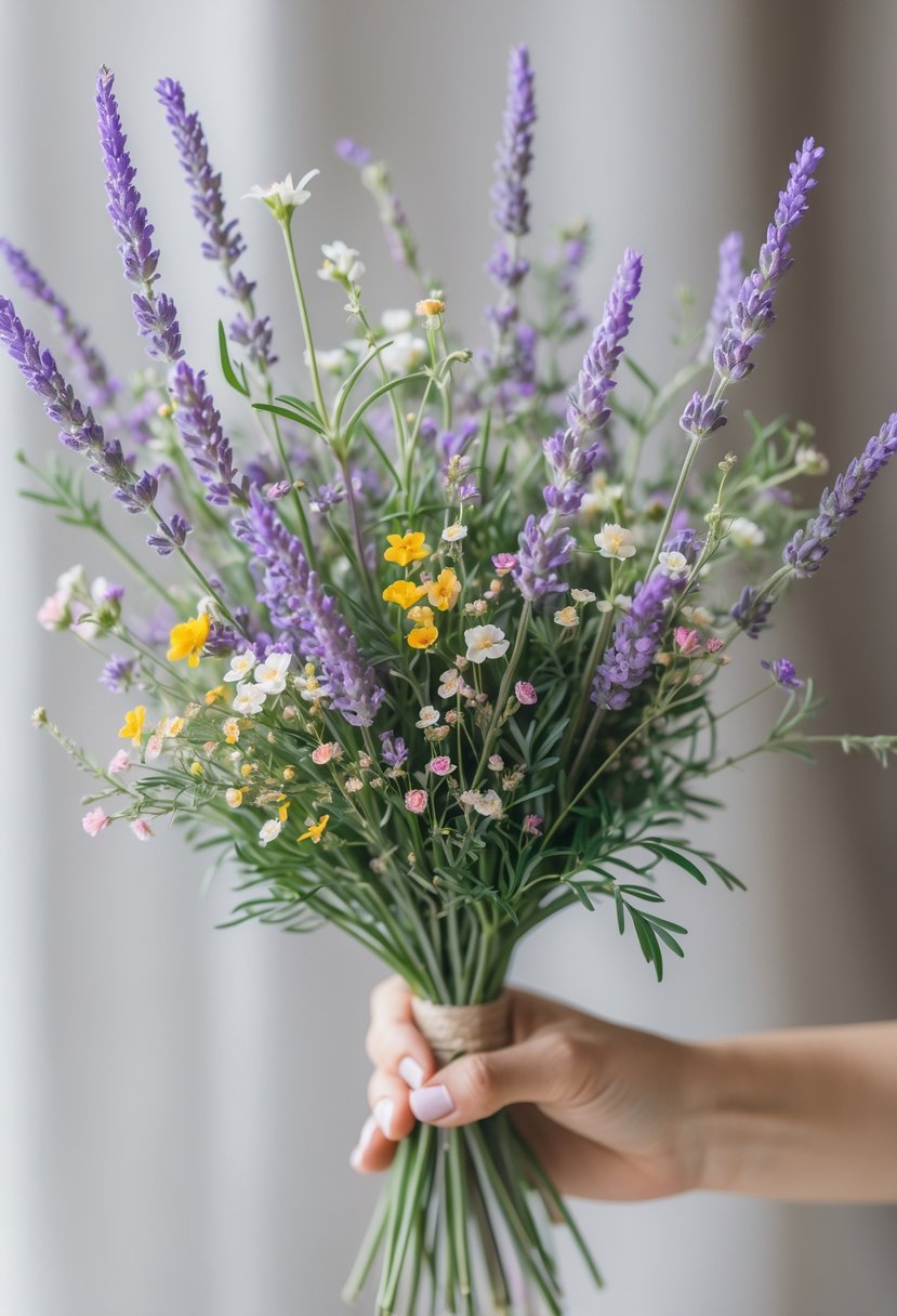 A small wedding bouquet made of lavender sprigs mixed with tiny wildflowers in various colors held against a soft, neutral background.