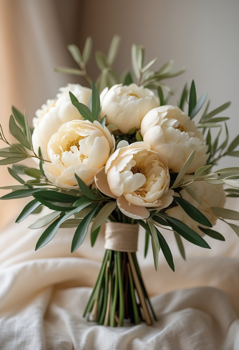 A small bouquet of cream peonies and olive branches arranged together.