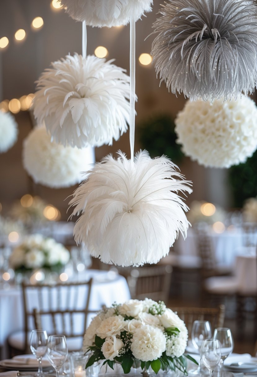 White and silver feather pomanders hanging above wedding tables set with white linens and floral centerpieces.
