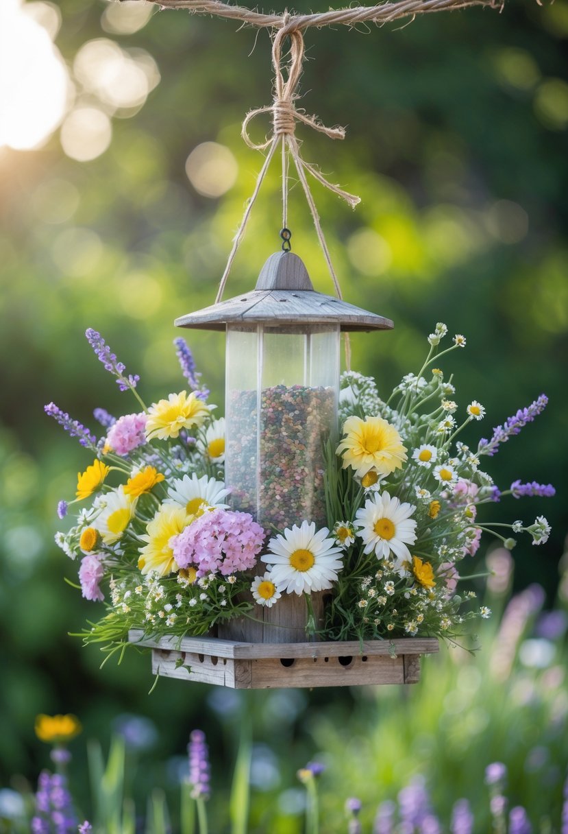 A hanging bird feeder filled with colorful seasonal flowers against a garden background.