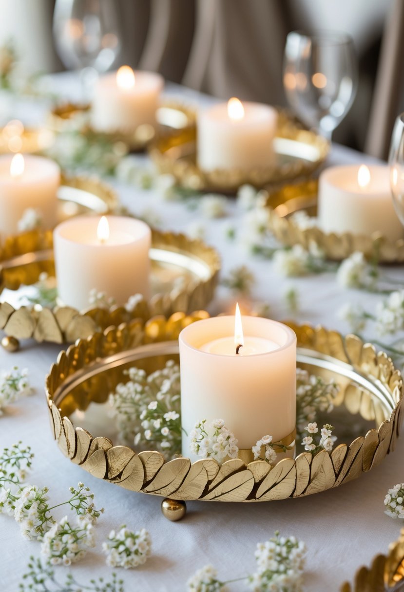 Gold leaf-patterned candle trays decorated with small white flowers arranged as a wedding centerpiece on a table.