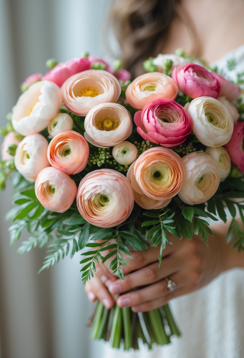 A heart-shaped bouquet of pink, peach, and cream ranunculus flowers with green leaves held by hands.