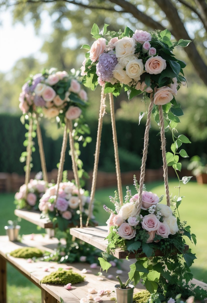 Wooden swings decorated with pastel flowers and greenery arranged as wedding centerpieces on a garden table.