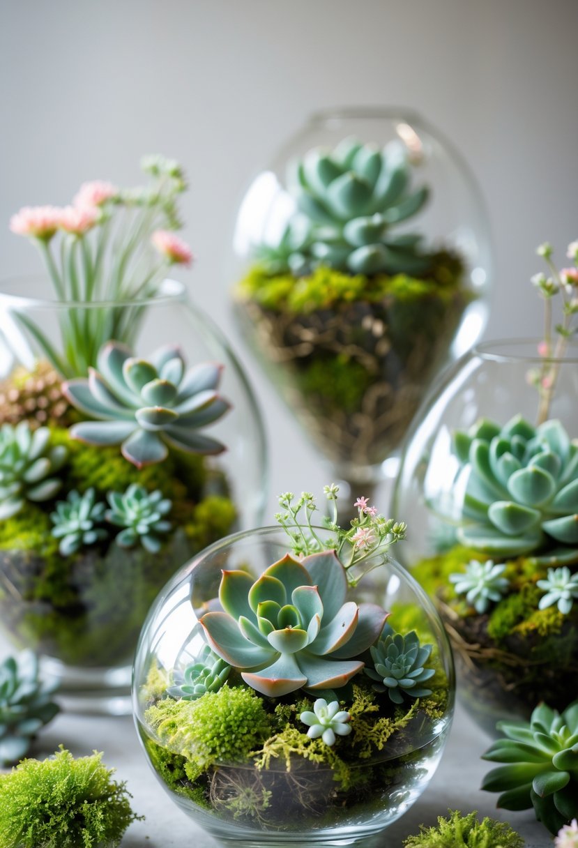 Several glass terrariums containing green succulents, moss, and small pastel flowers arranged as wedding centerpieces.