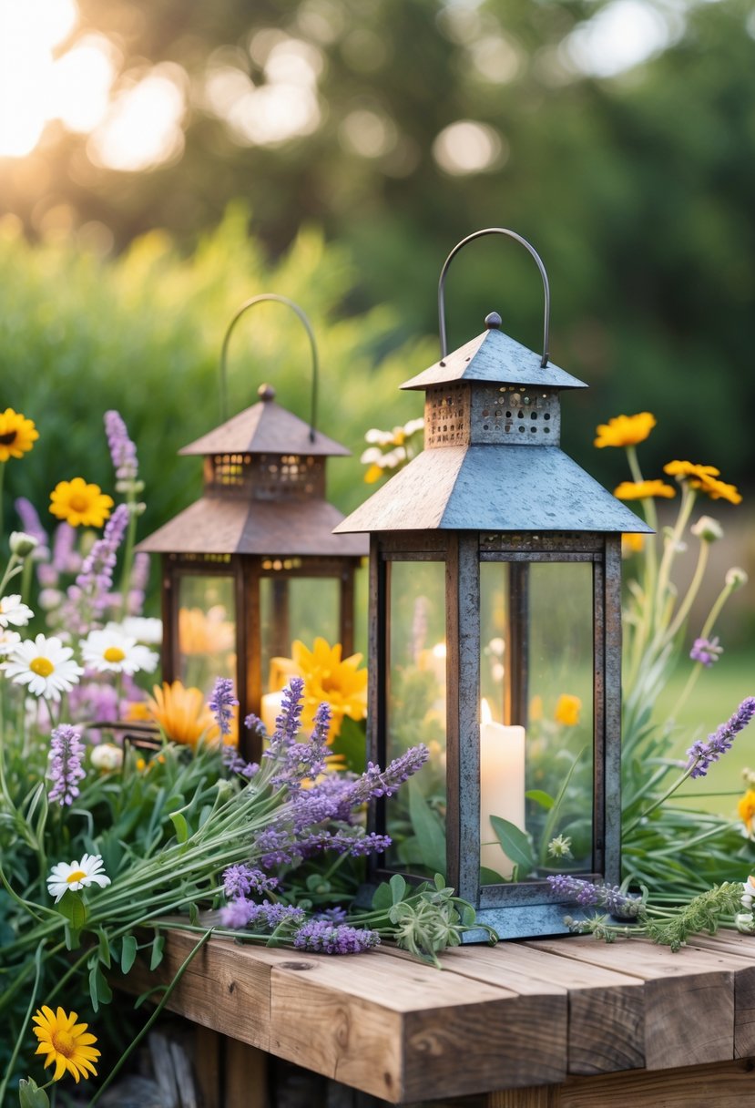 Rustic lanterns surrounded by a variety of colorful garden flowers on a wooden surface outdoors.
