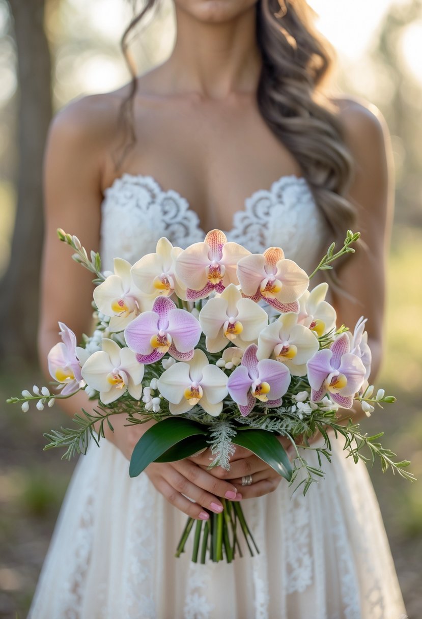 A small wedding bouquet of delicate miniature orchids in soft pastel colors held by a bride outdoors.