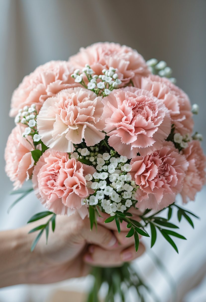 A small bouquet of blush pink carnations and white waxflowers with green leaves.