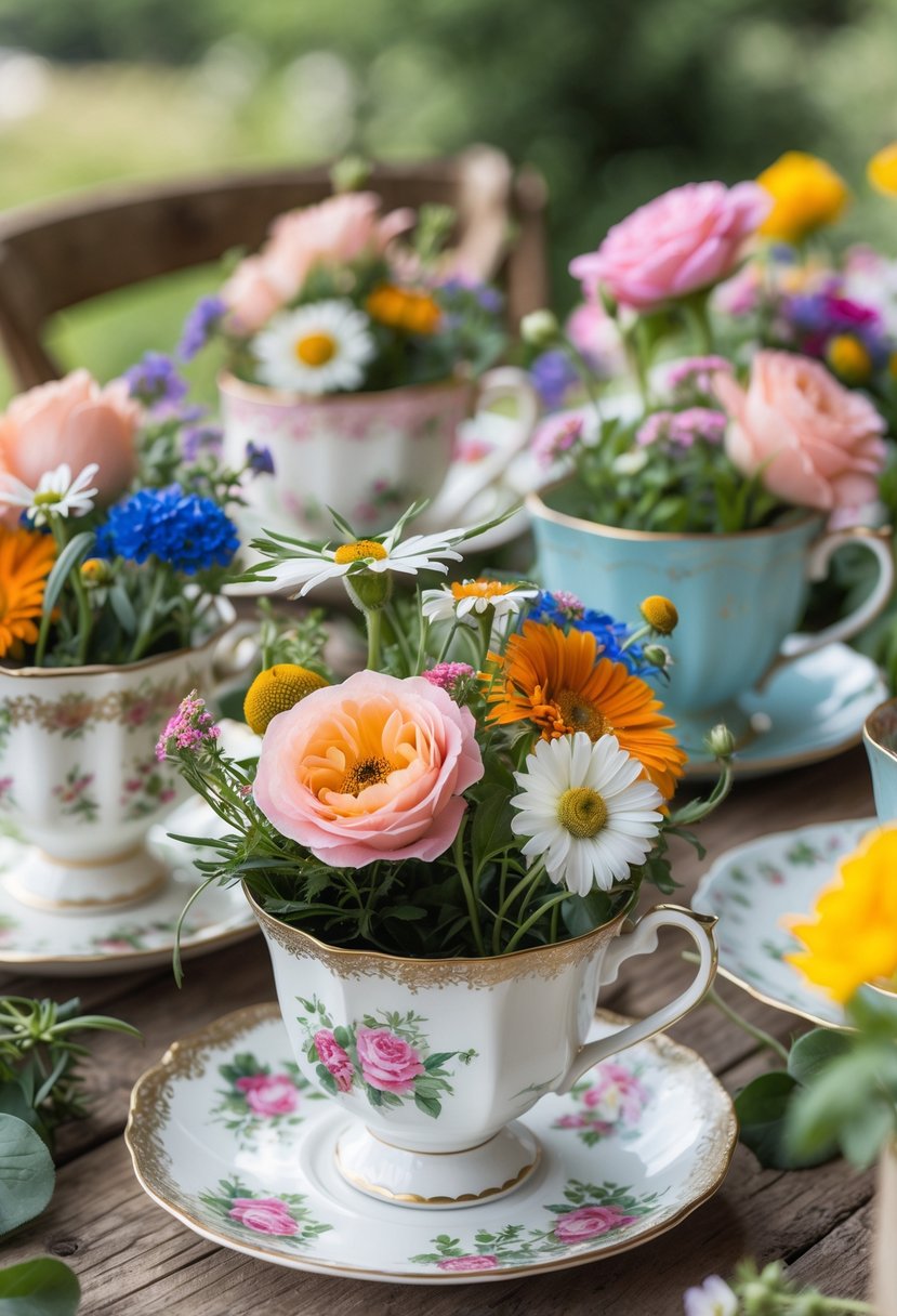 A collection of mismatched vintage teacups filled with colorful flowers arranged on a wooden table outdoors.