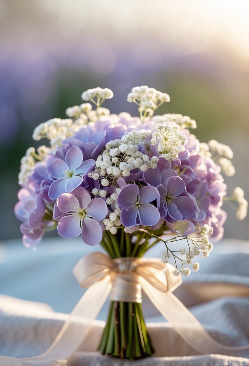 A small wedding bouquet with delicate lilac flowers and white baby's breath blossoms.