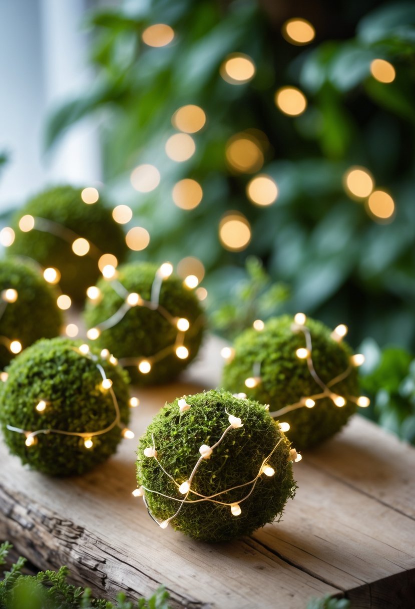 Several small moss-covered spheres wrapped with tiny warm white fairy lights arranged on a wooden surface with green foliage in the background.