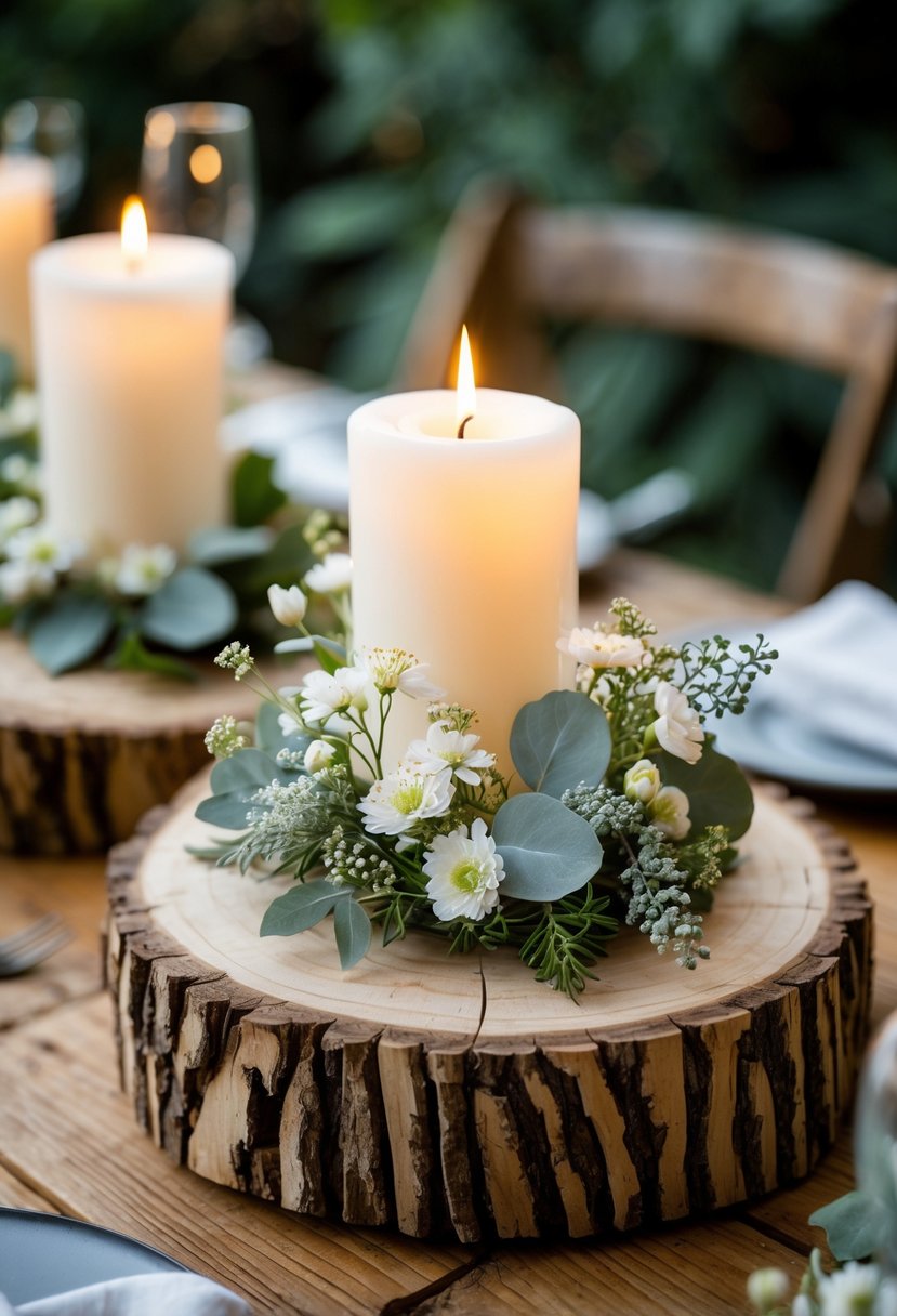 Rustic wedding centerpiece with log slices topped by candles and clusters of flowers on a wooden table outdoors.