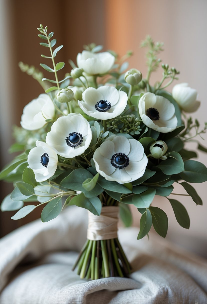 A small wedding bouquet of white anemone flowers with green leaves against a softly blurred background.