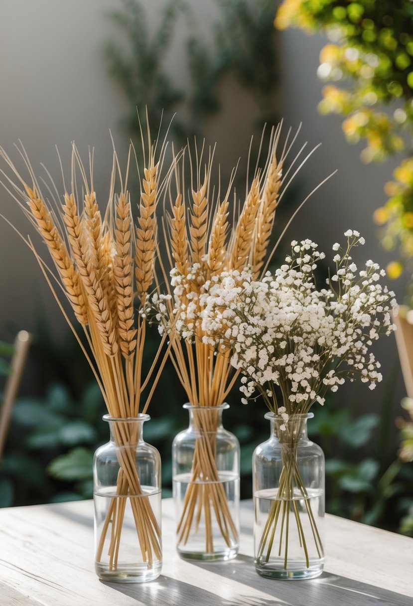 A wedding centerpiece with dried wheat and baby's breath flowers arranged in clear glass vases on a wooden surface with greenery in the background.