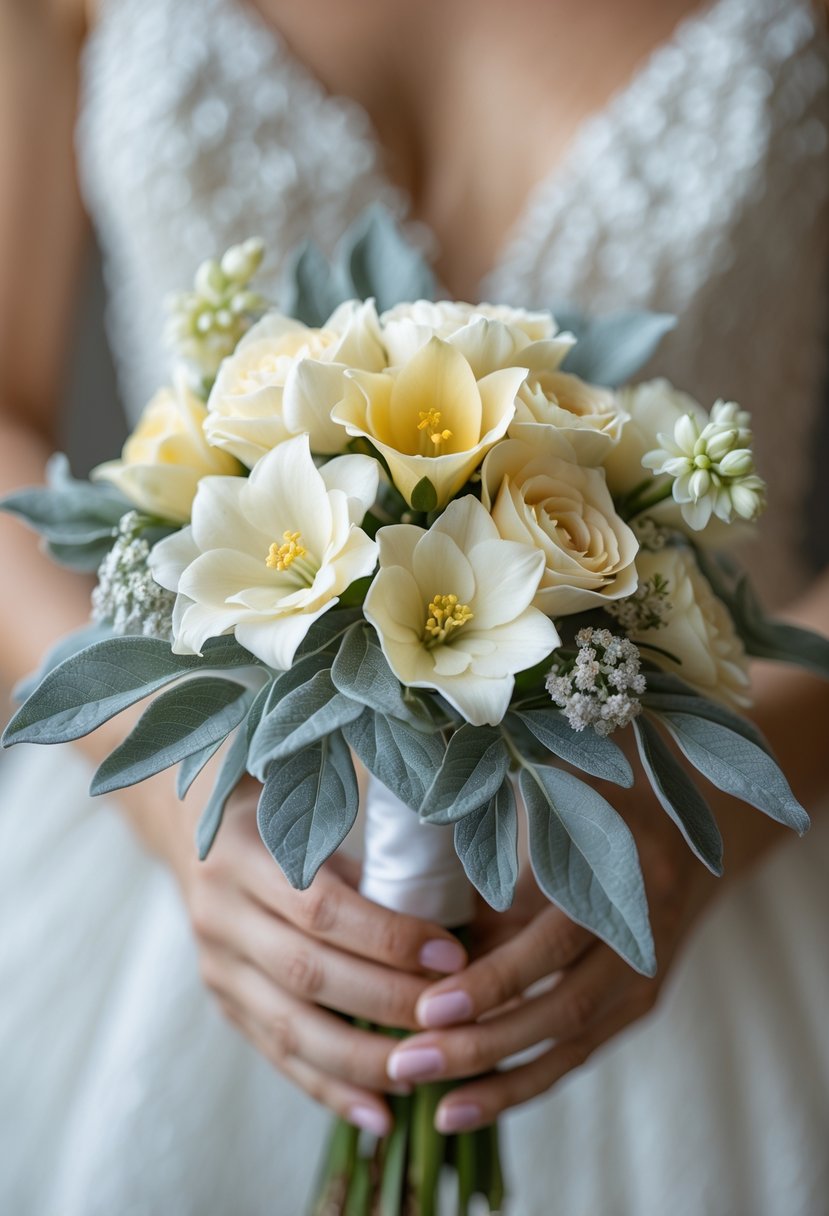 A small wedding bouquet of freesia flowers and dusty miller leaves held by hands.