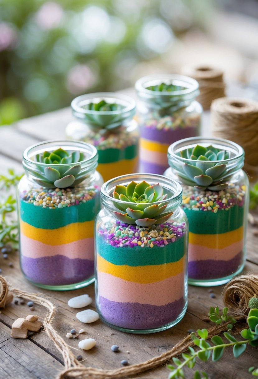 Apothecary jars filled with layered sand and small succulents arranged on a wooden table with natural greenery around them.