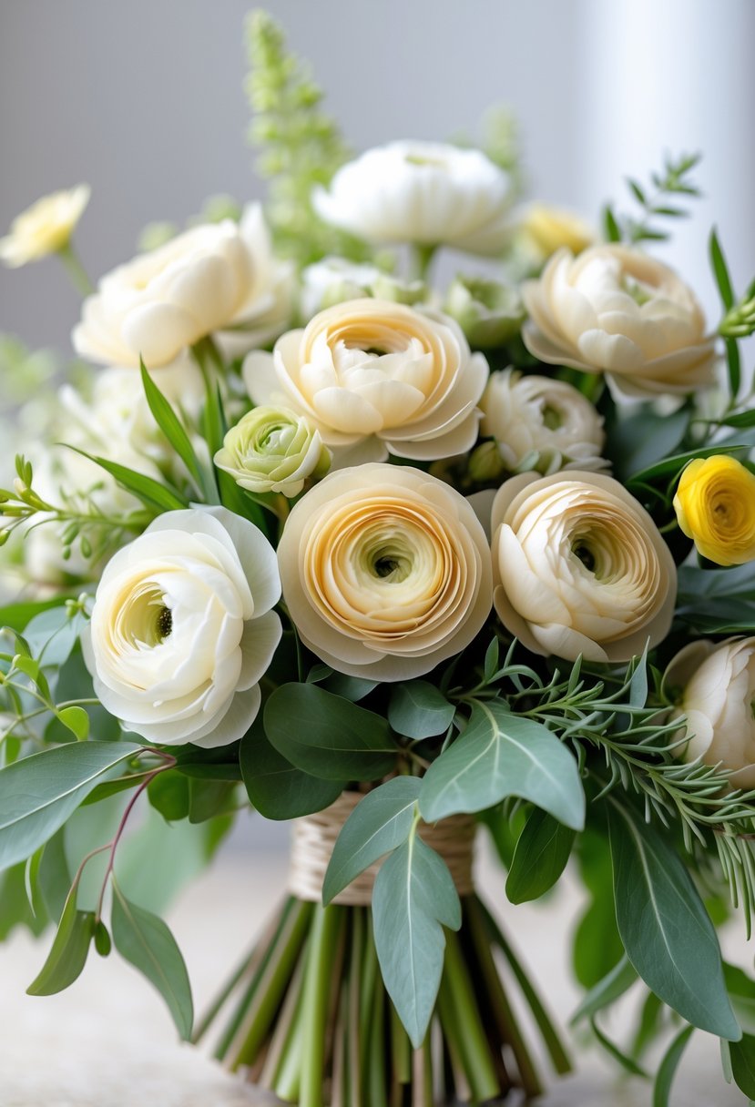 A small wedding bouquet of champagne-colored ranunculus flowers with green leaves.
