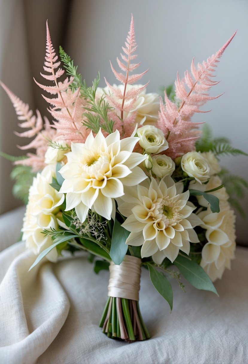 Small bouquet of cream dahlias and light pink astilbe flowers arranged with green leaves on a neutral surface.