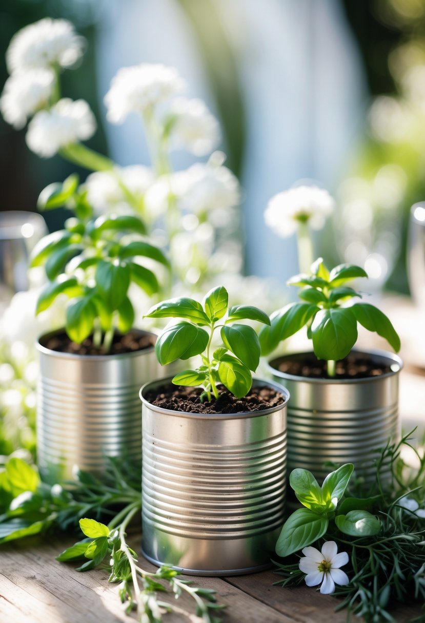Mini herb gardens with basil and mint growing in tin cans arranged as a wedding centerpiece on a wooden table outdoors.