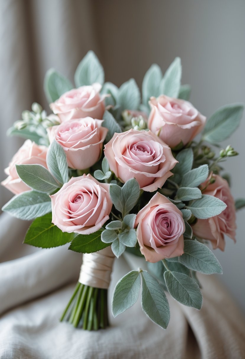 A small bouquet of blush pink spray roses with soft silvery-green lamb's ear leaves.