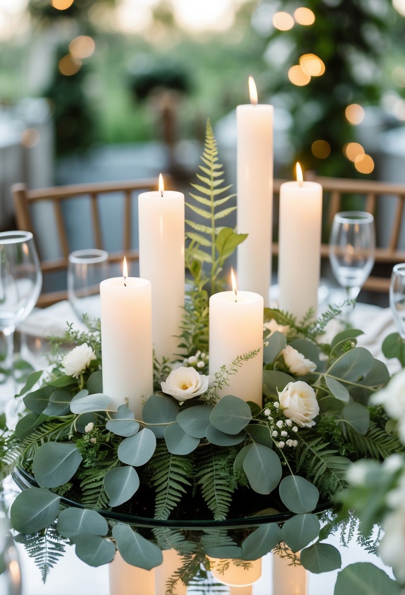 A wedding centerpiece with mixed green leaves and white candles arranged on a mirror base.