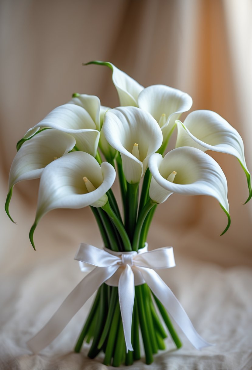 A small bouquet of white calla lilies with green stems tied together with a white ribbon.