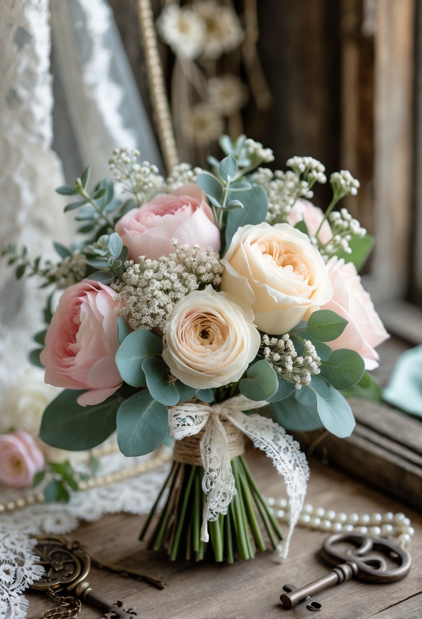 A small vintage wedding bouquet with pastel flowers and greenery resting on a wooden table with soft lighting.