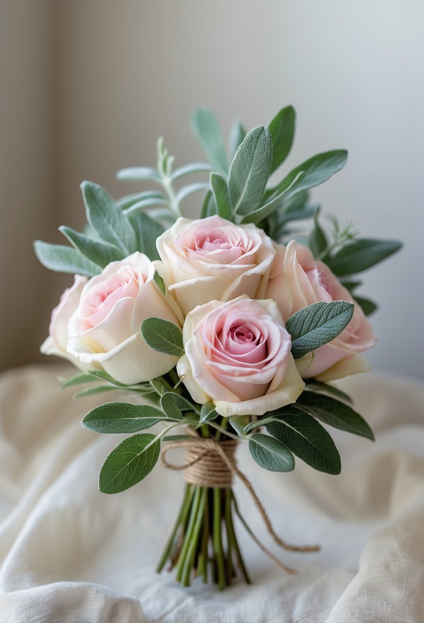 A small bouquet of pink and white garden roses with green sage leaves.