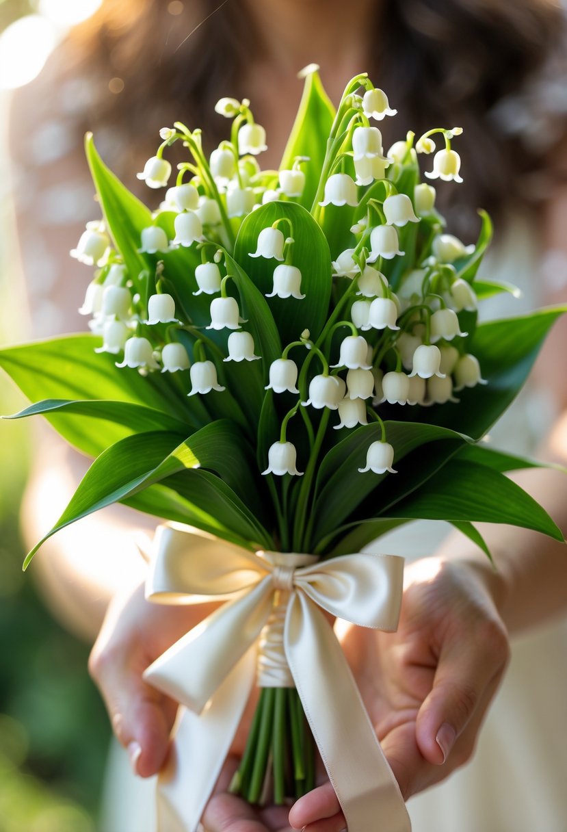 A small bouquet of white Lily of the Valley flowers tied with a satin ribbon, held gently in hands.