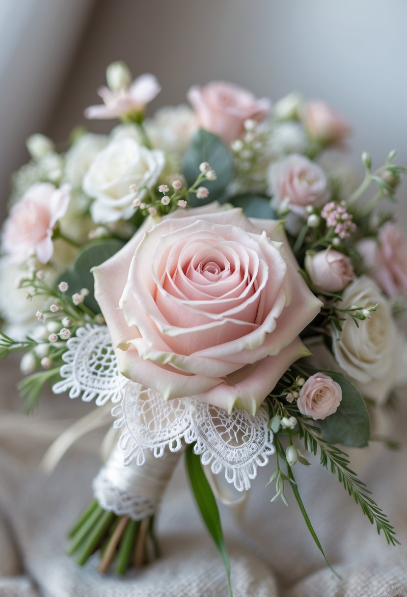 A small wedding bouquet with a pale pink rose, white lace, and soft greenery.