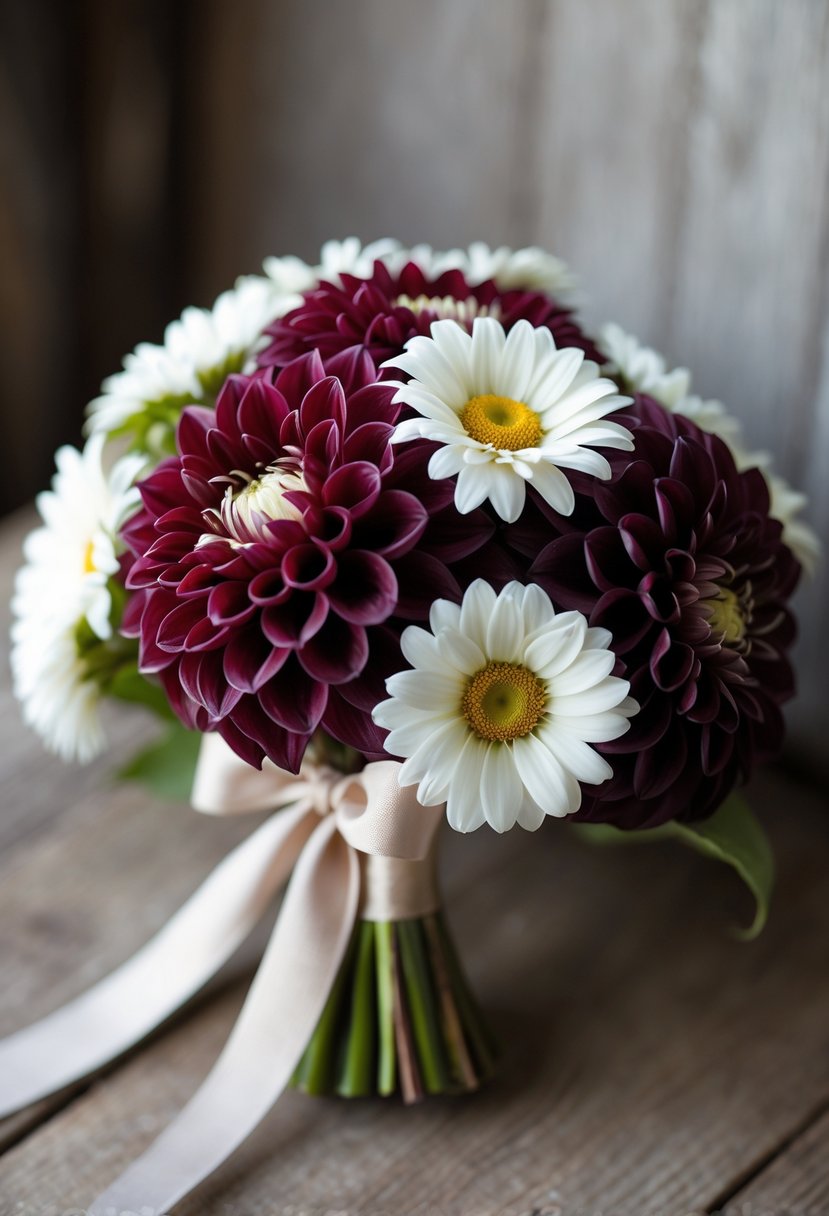 A small wedding bouquet of burgundy dahlias and white daisies tied with a ribbon on a wooden surface.