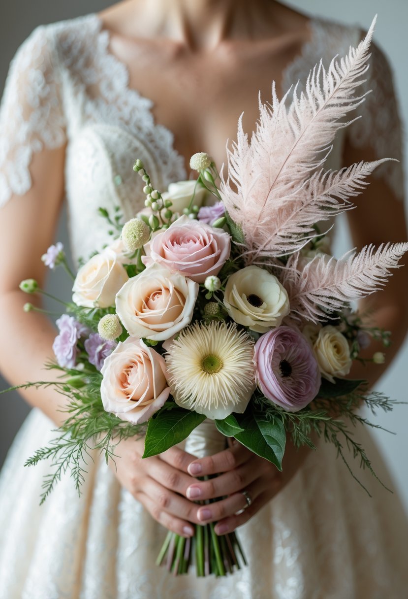 A small wedding bouquet with pastel flowers and feathery Astilbe accents held by a bride in a lace dress.