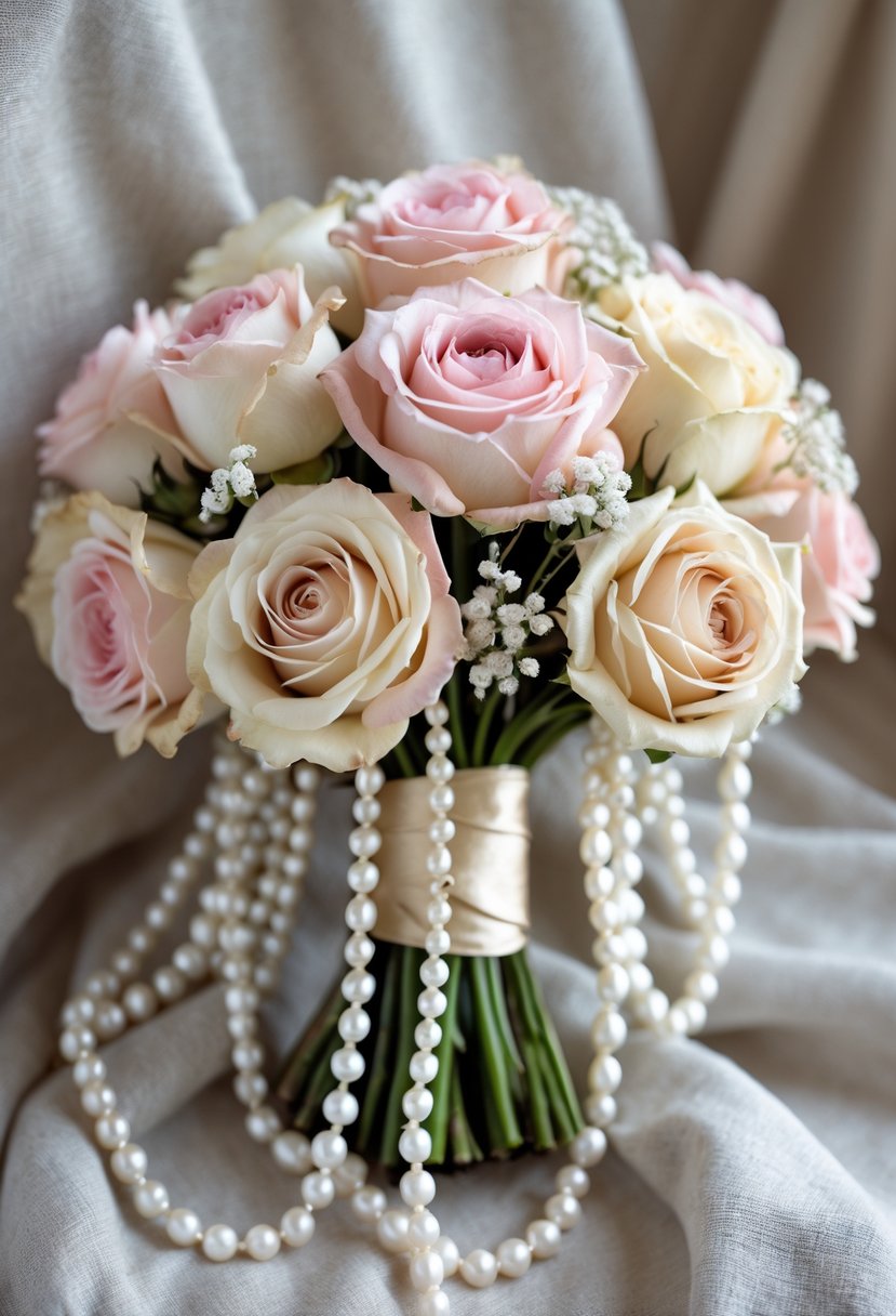 A small bouquet of pink and cream roses decorated with strands of white pearls on a neutral fabric background.
