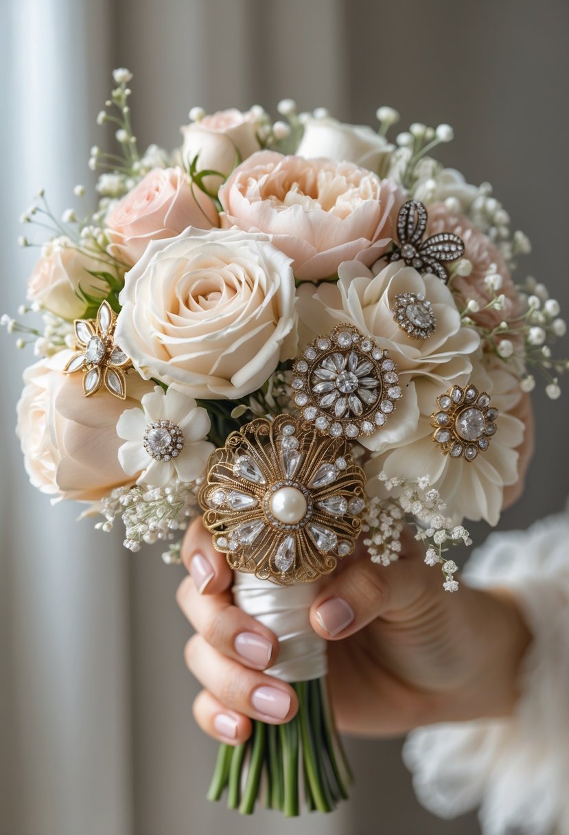 A small wedding bouquet made of pastel flowers and antique brooches held by hands against a neutral background.