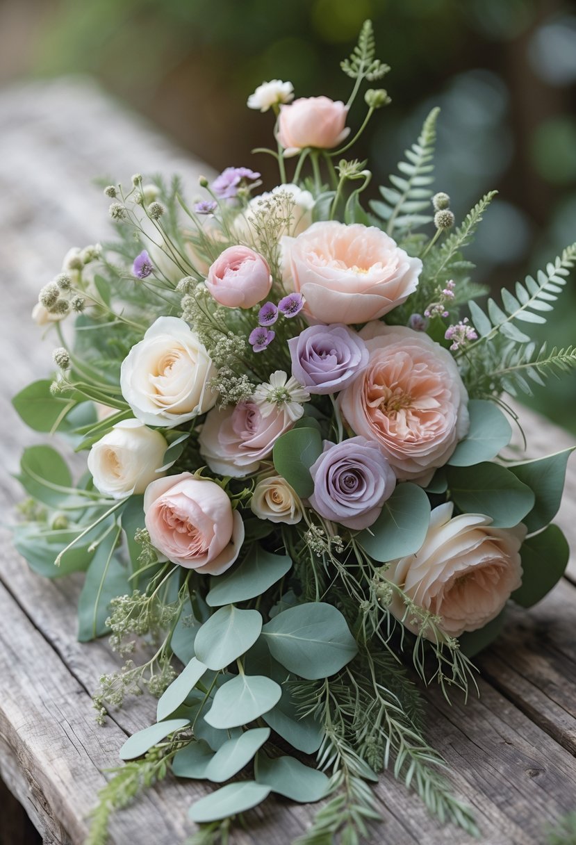 A small wedding bouquet with cascading greenery and soft pastel flowers resting on a wooden surface.