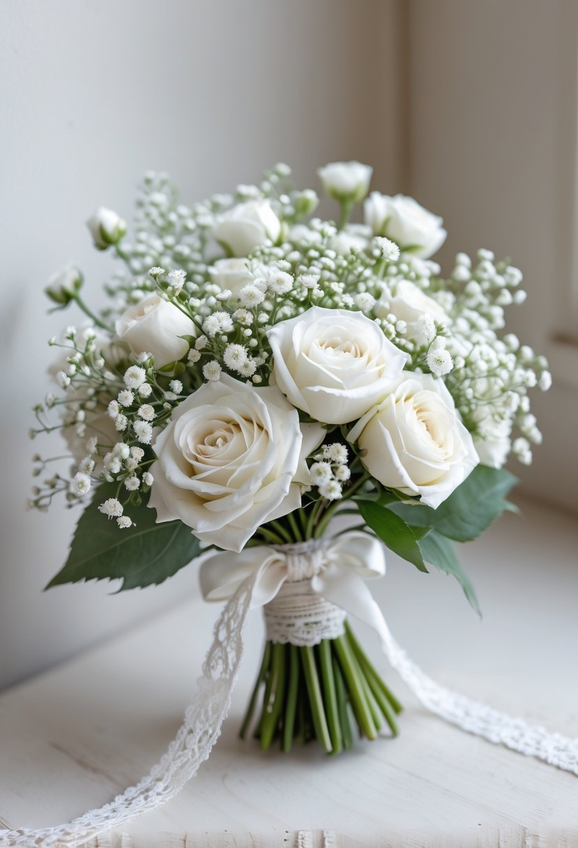 A small white wedding bouquet with roses and greenery tied with lace ribbon resting on a wooden surface.