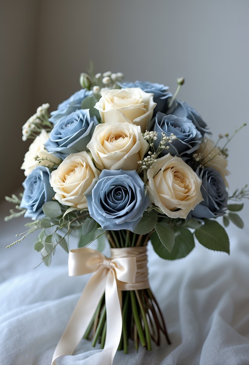 A small wedding bouquet of dusty blue and cream roses with greenery, held against a softly blurred neutral background.