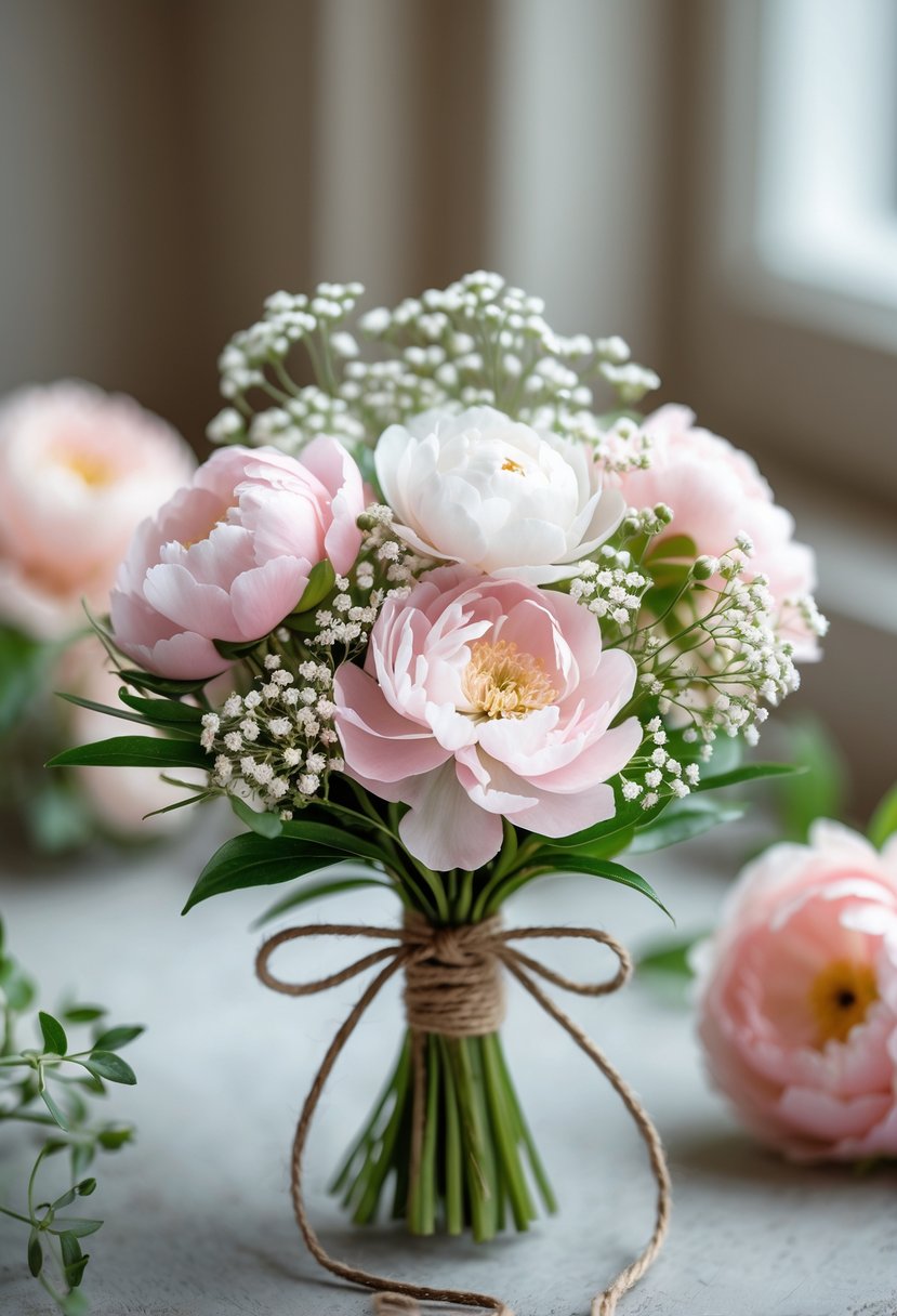 A small wedding bouquet of pink peonies and white baby's breath flowers tied with twine on a blurred background.