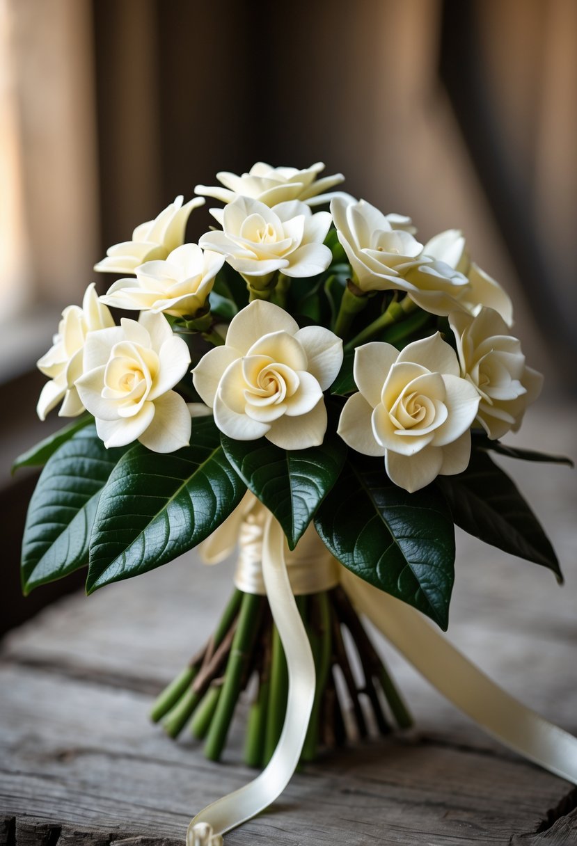 A small cluster of white gardenia flowers tied with a satin ribbon resting on a wooden surface.