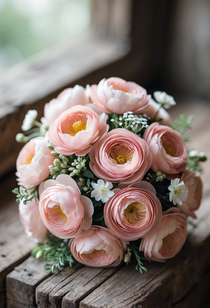 A small bouquet of blush pink ranunculus flowers with white filler flowers and greenery resting on a wooden surface.