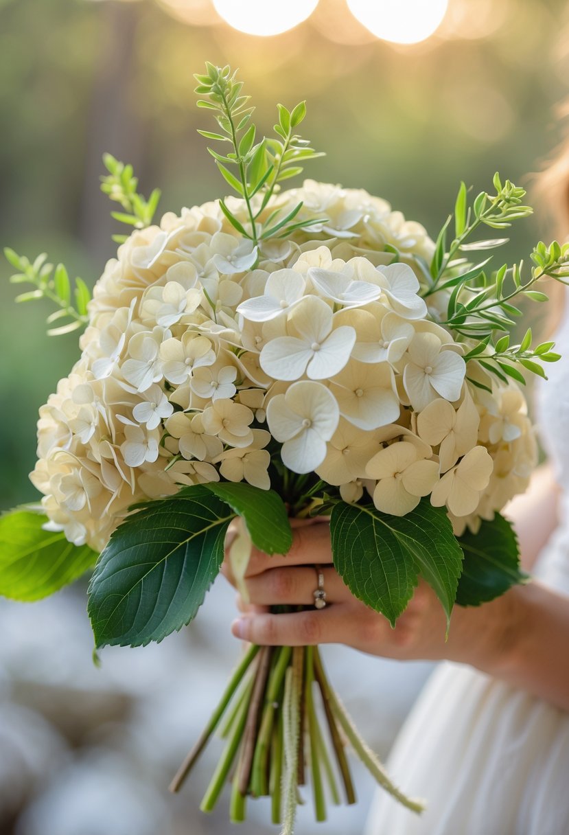 A small wedding bouquet featuring ivory hydrangea flowers with green sprigs.