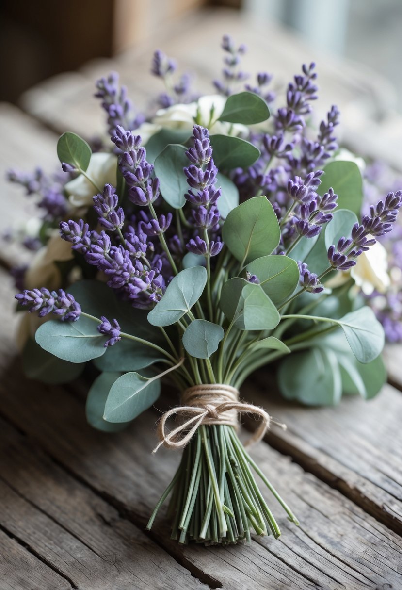 A small wedding bouquet featuring lavender and eucalyptus leaves resting on a wooden surface.