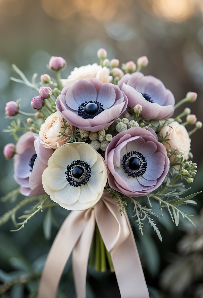 A small bouquet of mauve anemones with green foliage tied with a ribbon.